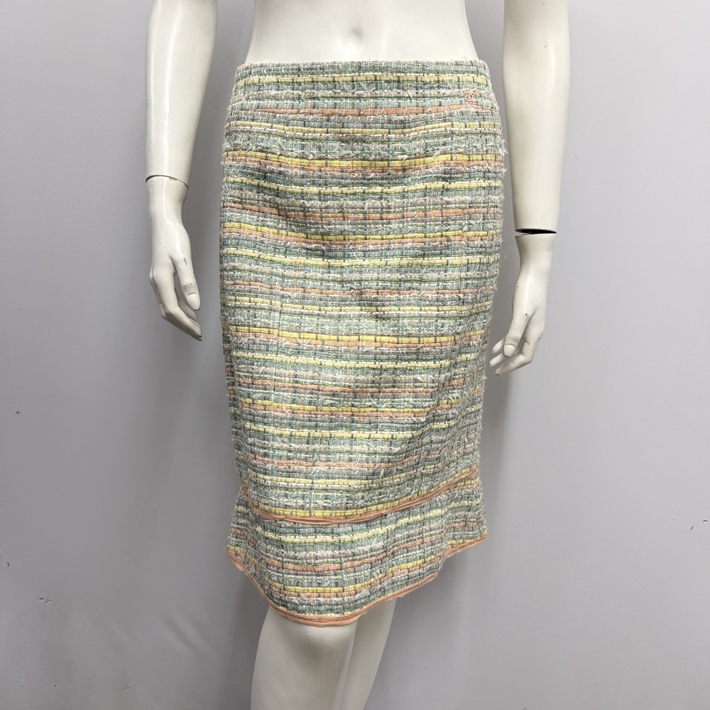 Chanel Pastel Multi Colored Silk Blend Tweed Skirt 05P Pink Trim Frayed Edges 44